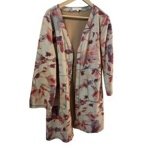 SOLITAIRE Tan & Red Floral Faux Suede Open Front Coat Duster LARGE EUC